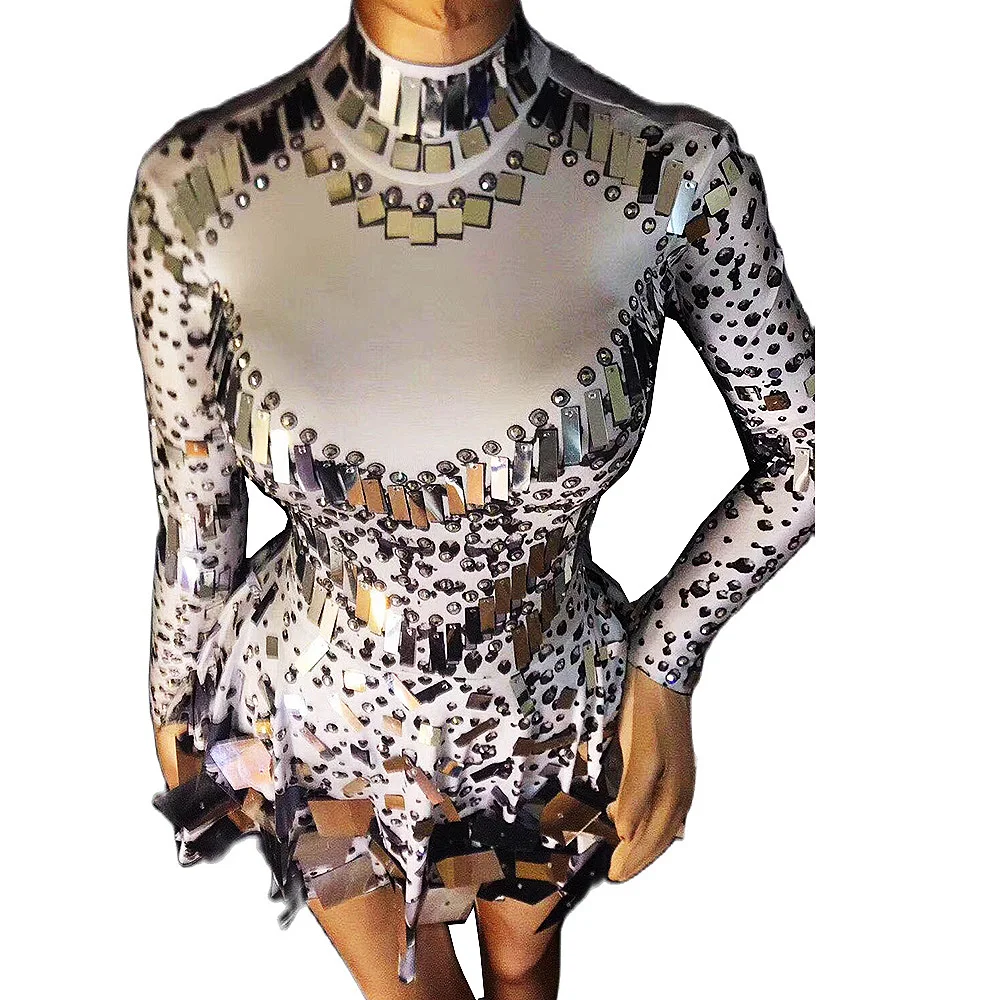 Nightclub Women Singer Long Sleeve Short Dress Silver Sequins Mirror Dress Evening Birthday Celebrate Costumes Stage Dance Wear