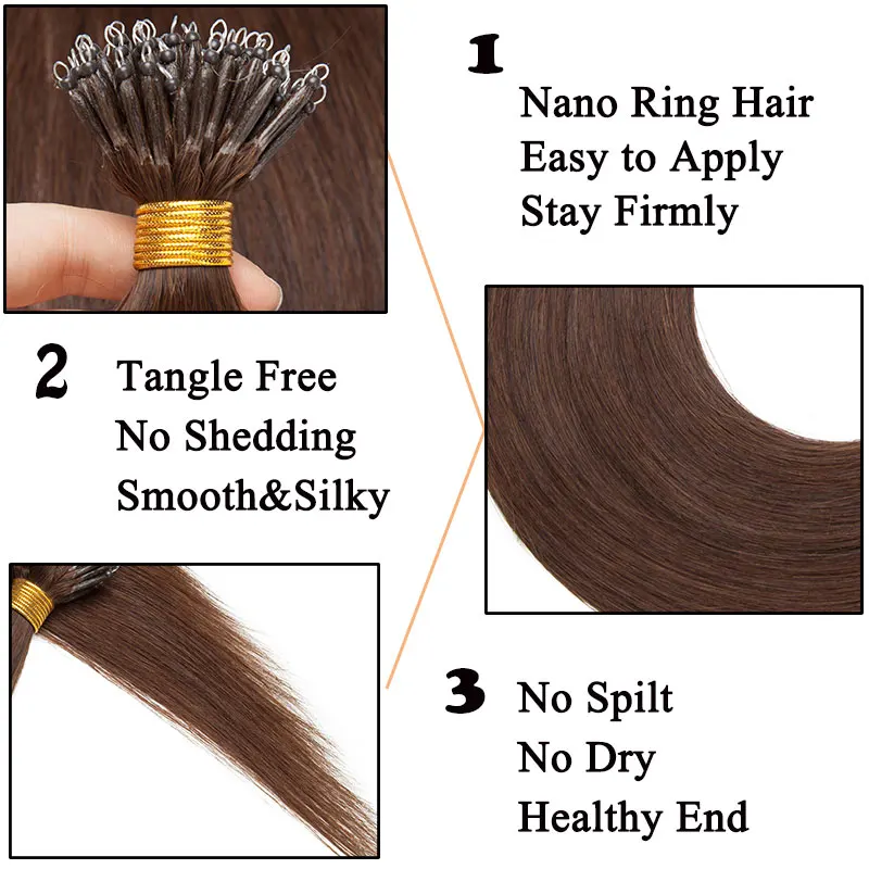 SEGO 16-24 Inch 1G/S 50Pcs Real Human Hair Nano Ring Hair Extensions Machine Remy Pre-bonded Straight Nano Tip Indian Hair