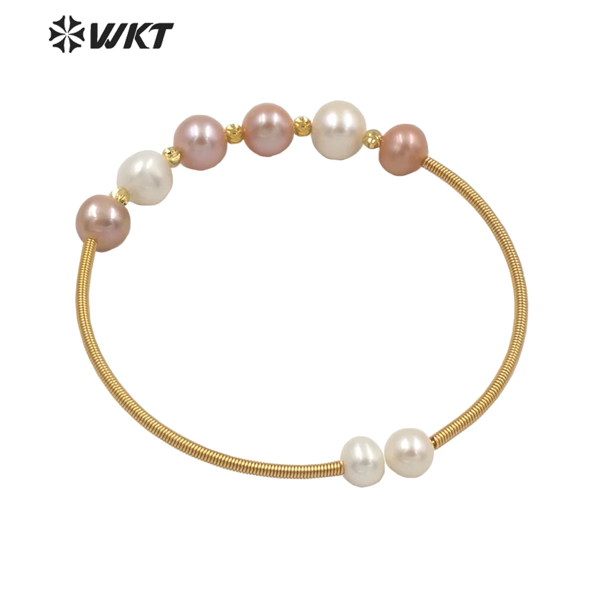 MPB032 WKT Unique hand make wire wrapped freshwater pearl beads cuff bangle in adjustable size women fashion gold pearl bangle