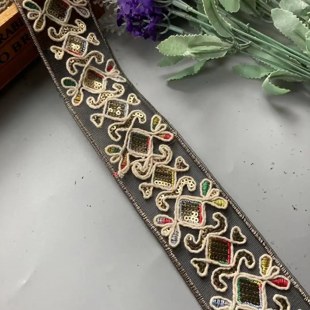Afbeelding 4: 1 yards kanten versieringen 50 mm veelkleurig etnisch draad mesh pailletten singels lint tape schoenen jurk decoratief geborduurd doe-het-zelf naaien