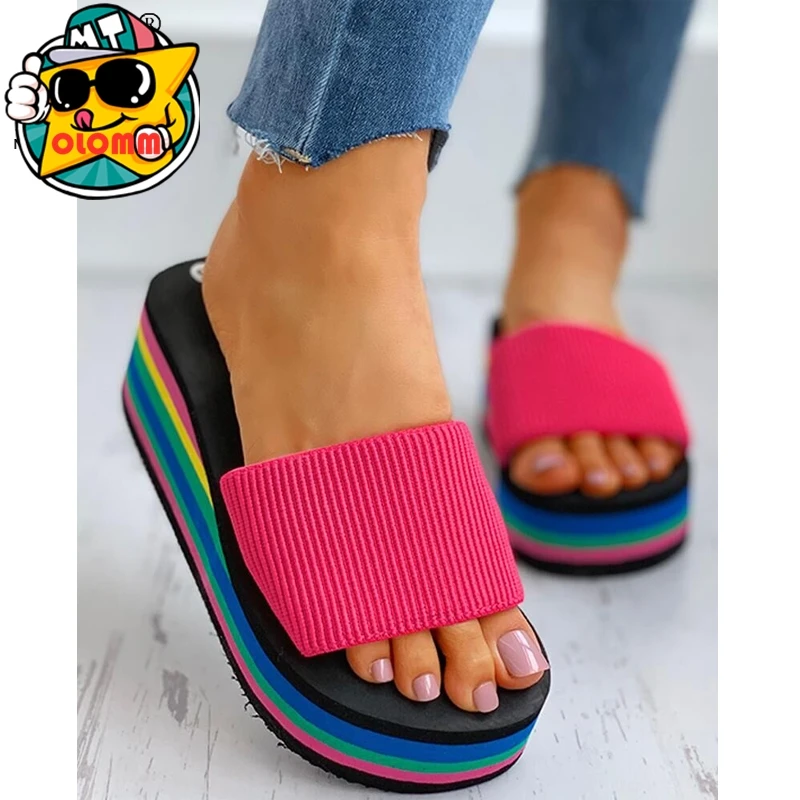 Hot Sale 2024 Woman's Summer Mid Heel Slippers Outdoor Beach Shoes Platform Sandals Fashion Multicolor Plus Size 40