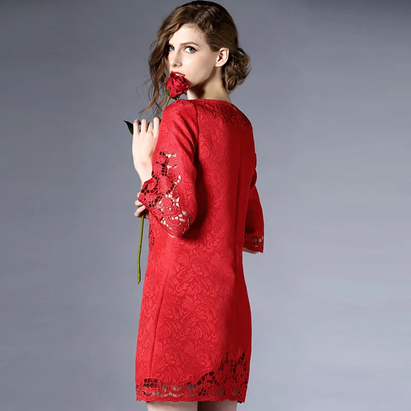 020 summer red dress women O-Neck half flare sleeve Chinese style straight Dress female hollow out mini short Dresses