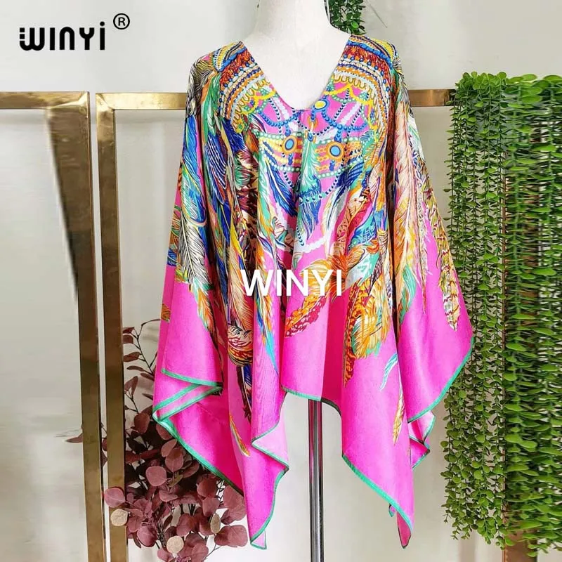 New Printed Middle East 2021 Silk Bohemian summer Beach top clothes Batwing Sleeve abaya Silk top dresses for women WINYI