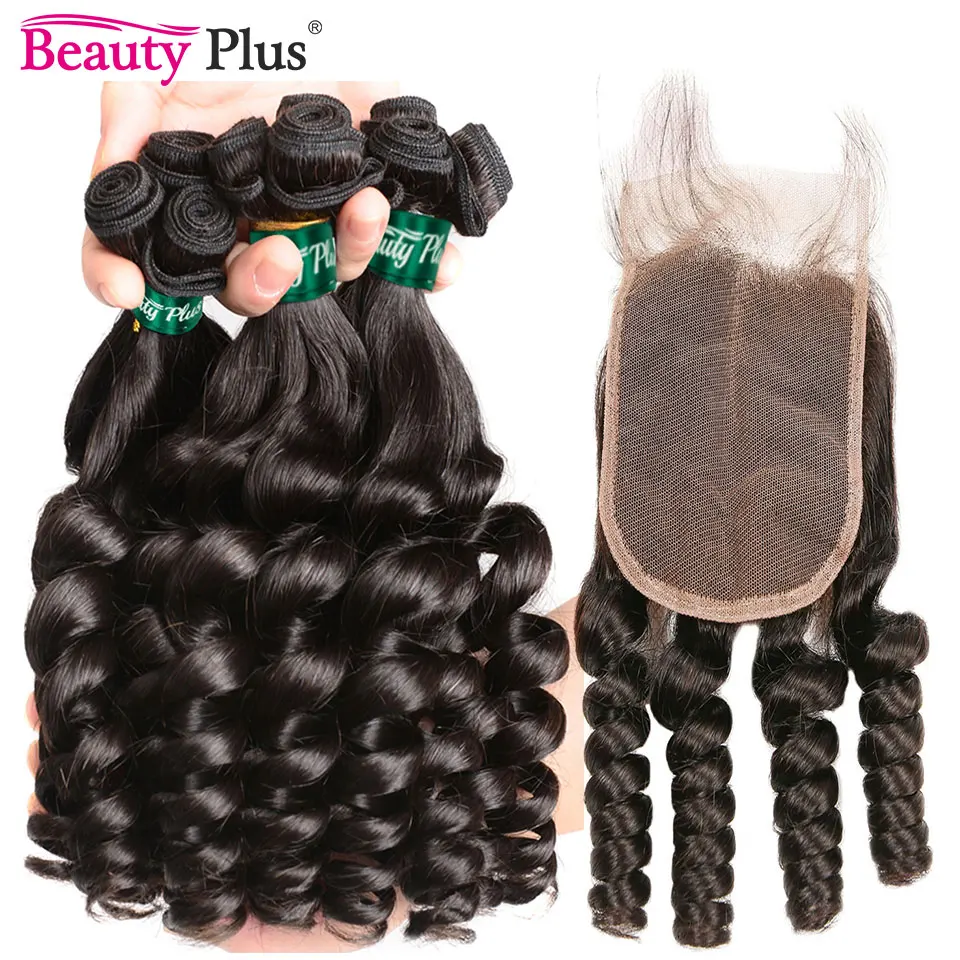 Funmi-Bundles brésiliens bouclés avec Frmetals, Extensions de cheveux humains Remy, Bouncy Curly, 3 Bundles, 4 Bundles, 4x4 Lace Closures, Baby Hair