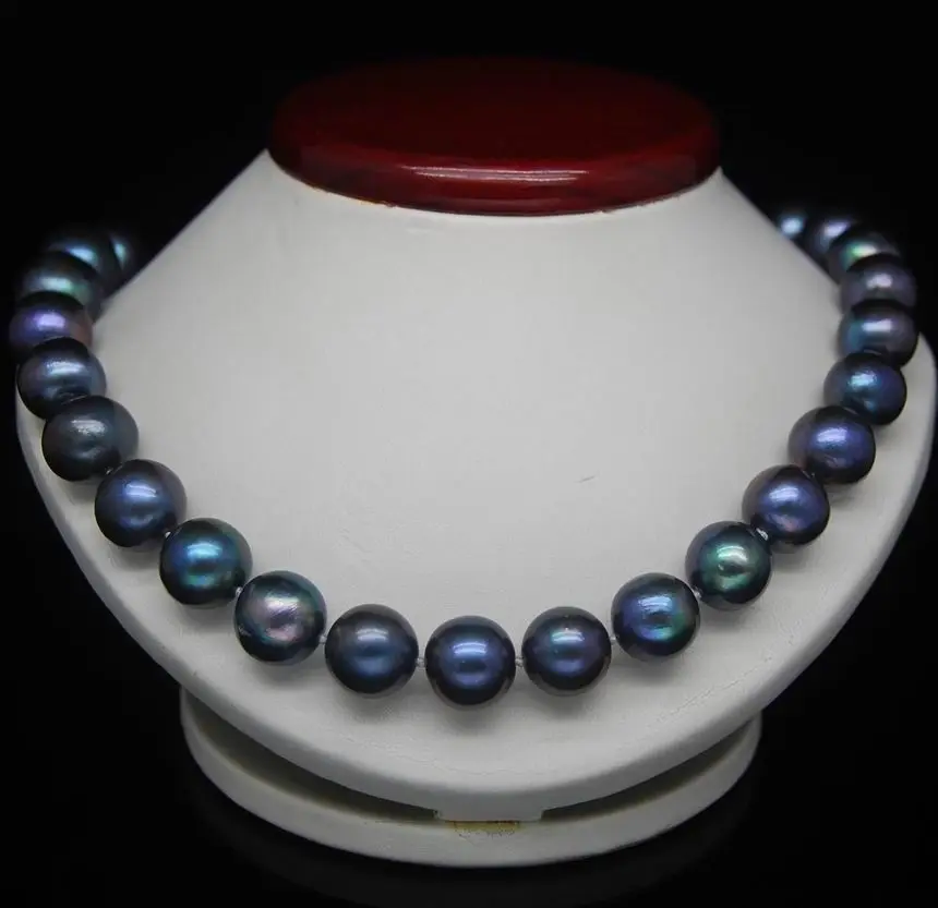 

18''10-9 MM TAHITIAN BLACK BLUE PEARL NECKLACE 925silver