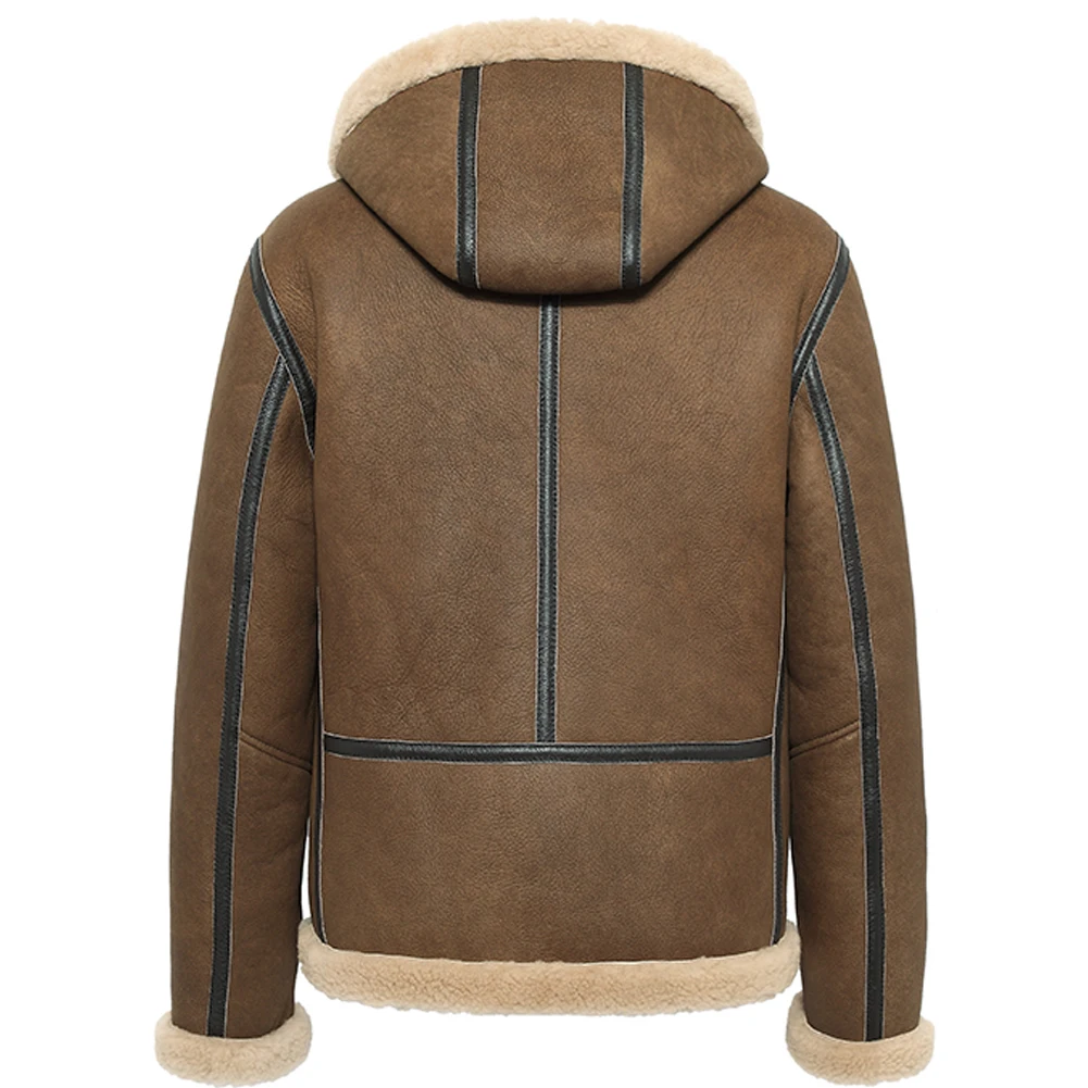 Shearling Jacket Mens Hooded B3 Bomber Jacket Men Shearling Fur Coat Brown Color