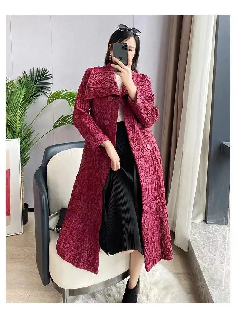 

Miyake Fold Drape Plus Cotton Windbreaker Women's Autumn New Style Korean Style Temperament Popular High-End Over-The-Knee Coat