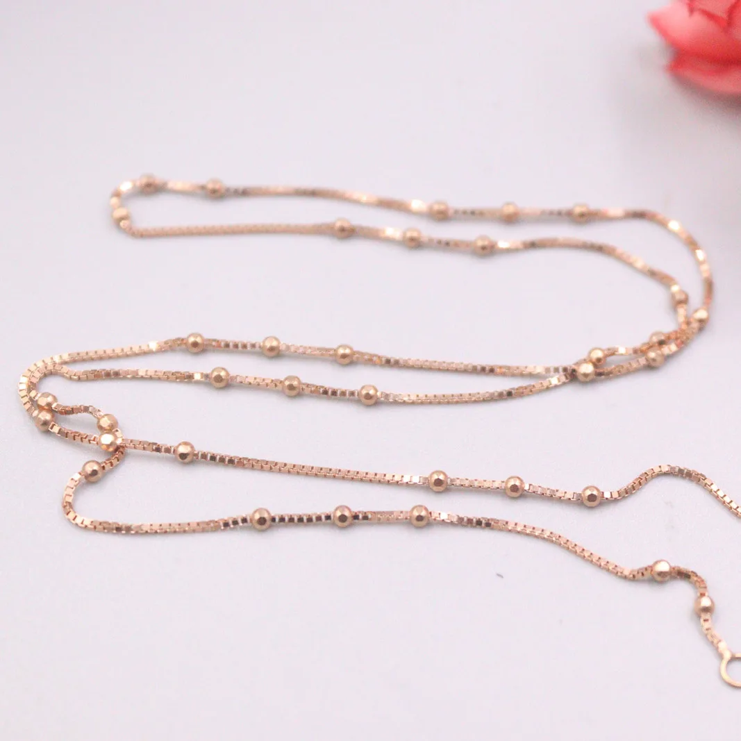 Real 18K Rose Gold Chain For Women Female 1.8mm Small Carved Beads Gold Box Chain Necklace 40cm Length Au750