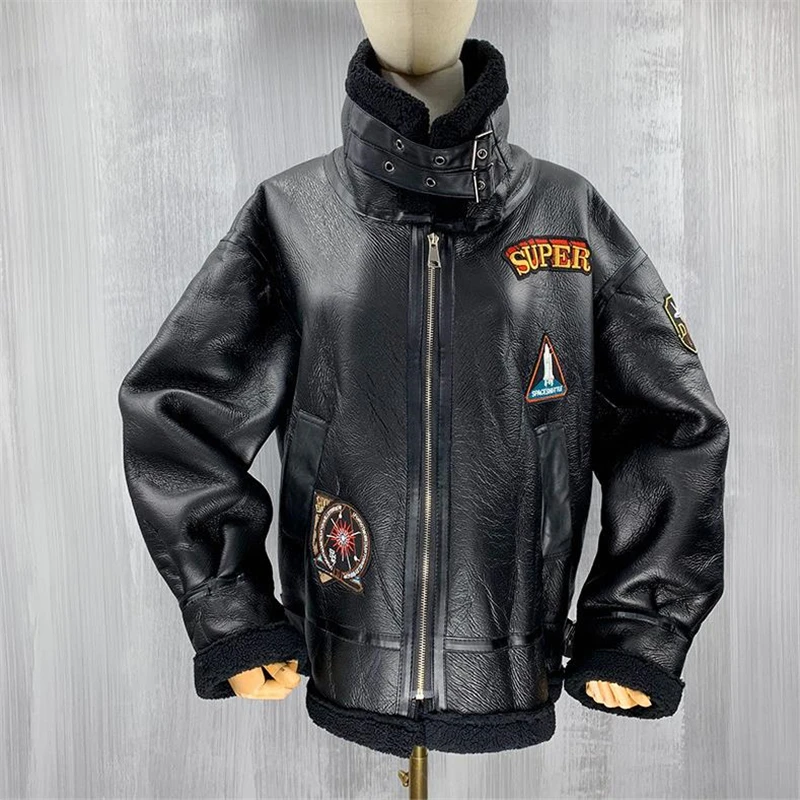 Winter New Motorcycle Stand Collar PU Leather Jacket Women Faux Lambswool  Velvet Lining Letter Printing Loose Leather Coat