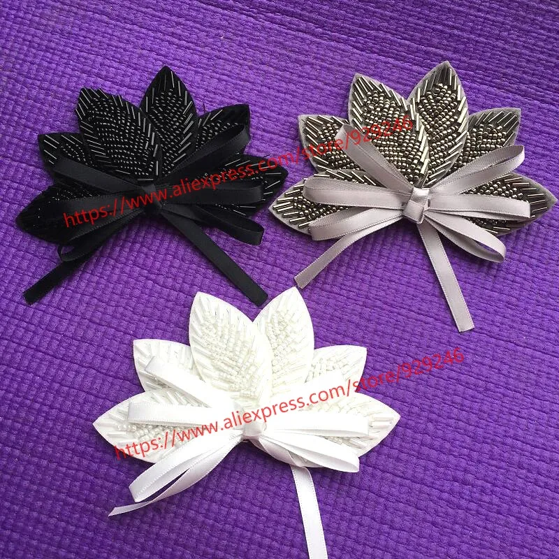 2pcs grey black white beads patch for garments accessory crown-shape beaded applique for clothes leaf trims for shoes ornaments