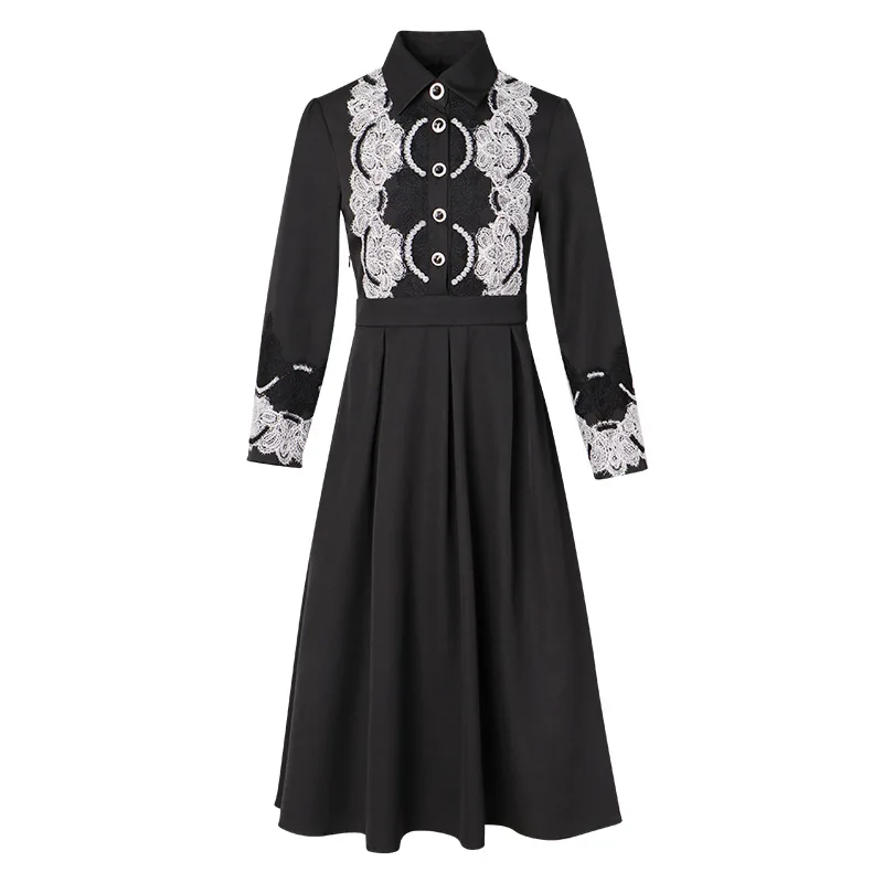 

Lace dress 2023 spring new fashion Lapel single breasted Style Lace Panel A-line long sleeve peter pan collar dresses