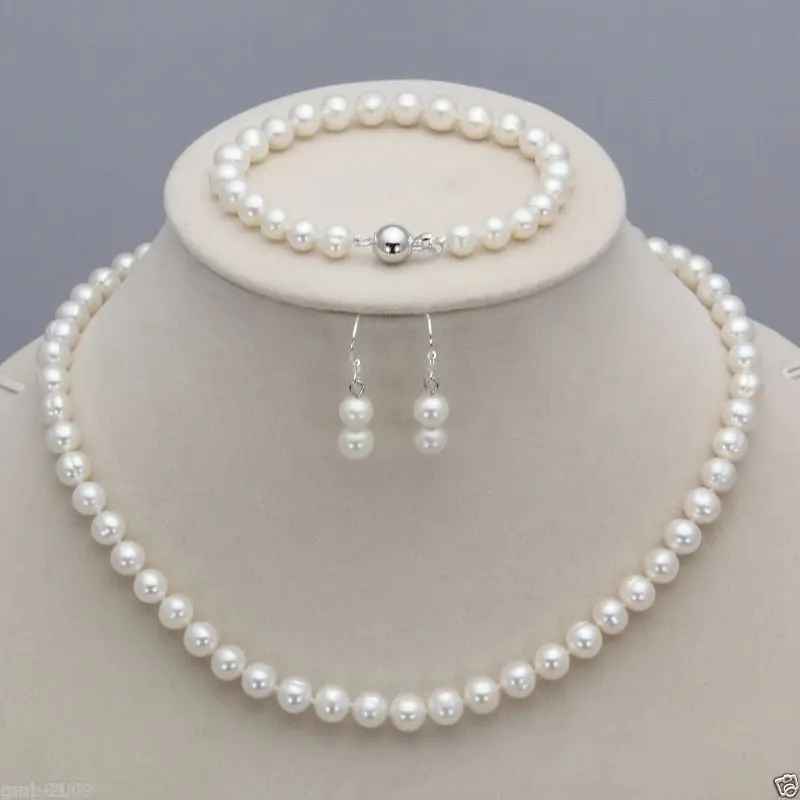 

Real 7-8mm Natural White Akoya Cultured Pearl Necklace Bracelet Earring Set