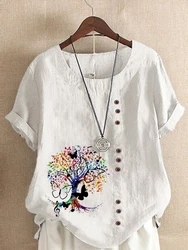 Women's New Fashion Summer Music Tree Prined Round Neck Short Sleeve T-shirt Casual Loose Solid Color Blouse Tops Plus Size