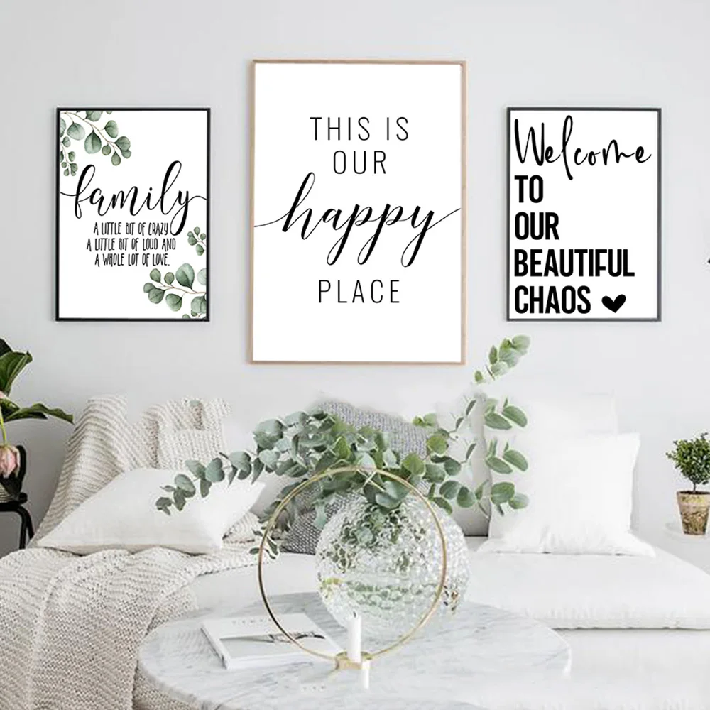 

Family Simple Quote Picture Green Leaves Poster Black White Wall Art Canvas Painting Nordic Style Modern Print for Living Room