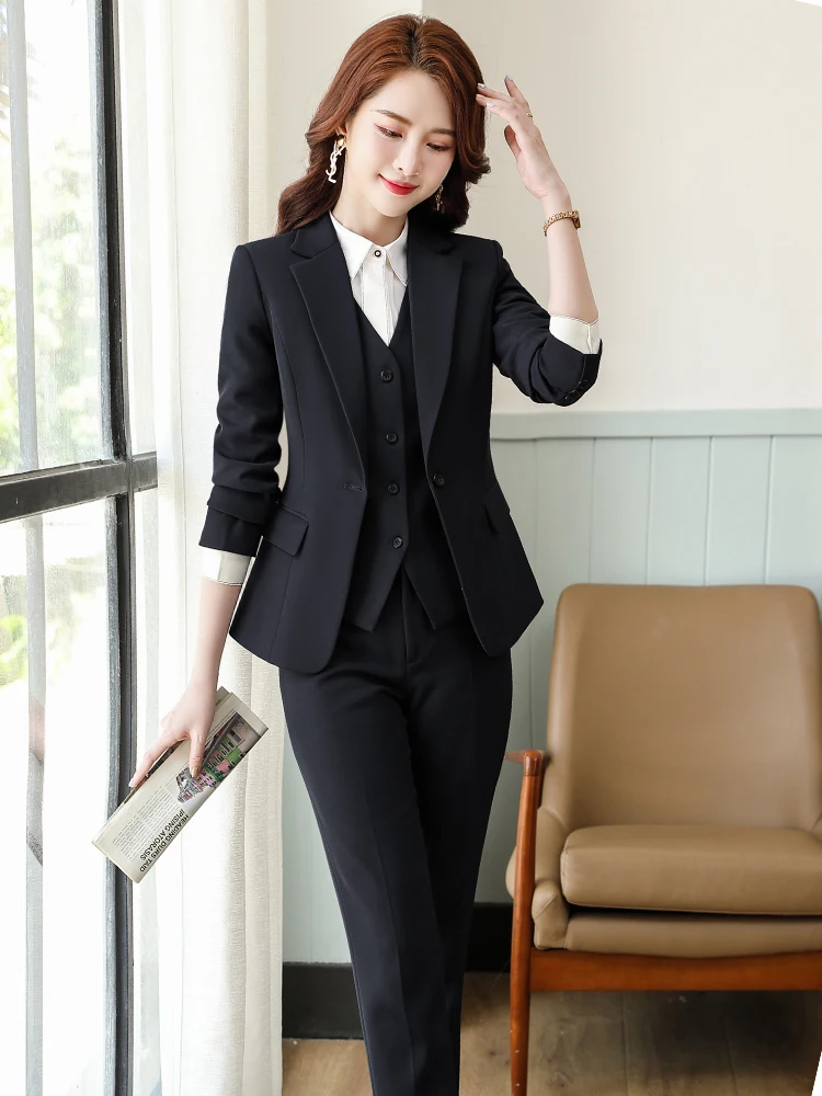 Imagem -02 - Azul Cinza Peça Conjunto Feminino Calça Terno Senhoras do Escritório Trabalho Formal Carreira Wear Colete Blazer Jaqueta e Calças Preto