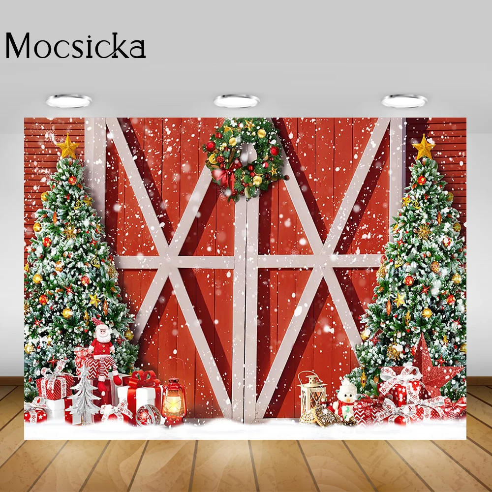 Fondo de puerta de Granero rojo Retro de Navidad, regalos de nieve de invierno, fondo de árboles de Navidad, foto de retrato de cumpleaños familiar para niños y adultos