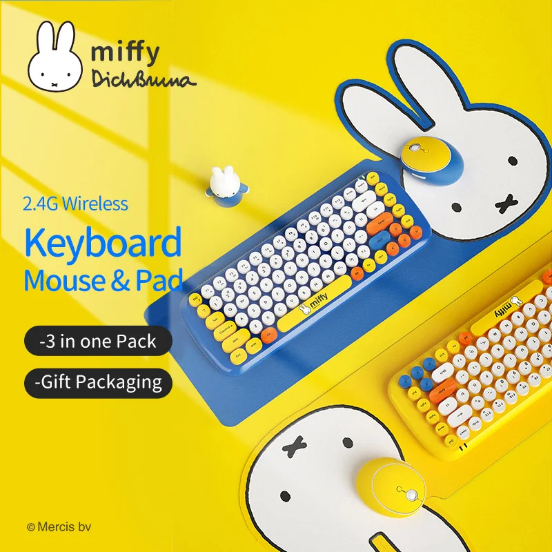 Tastiera Wireless Miffy 2.4Ghz 84 tasti Keycap tondo tastiera Bluetooth tastiera e Mouse Wireless carini combinati per Mac Desktop