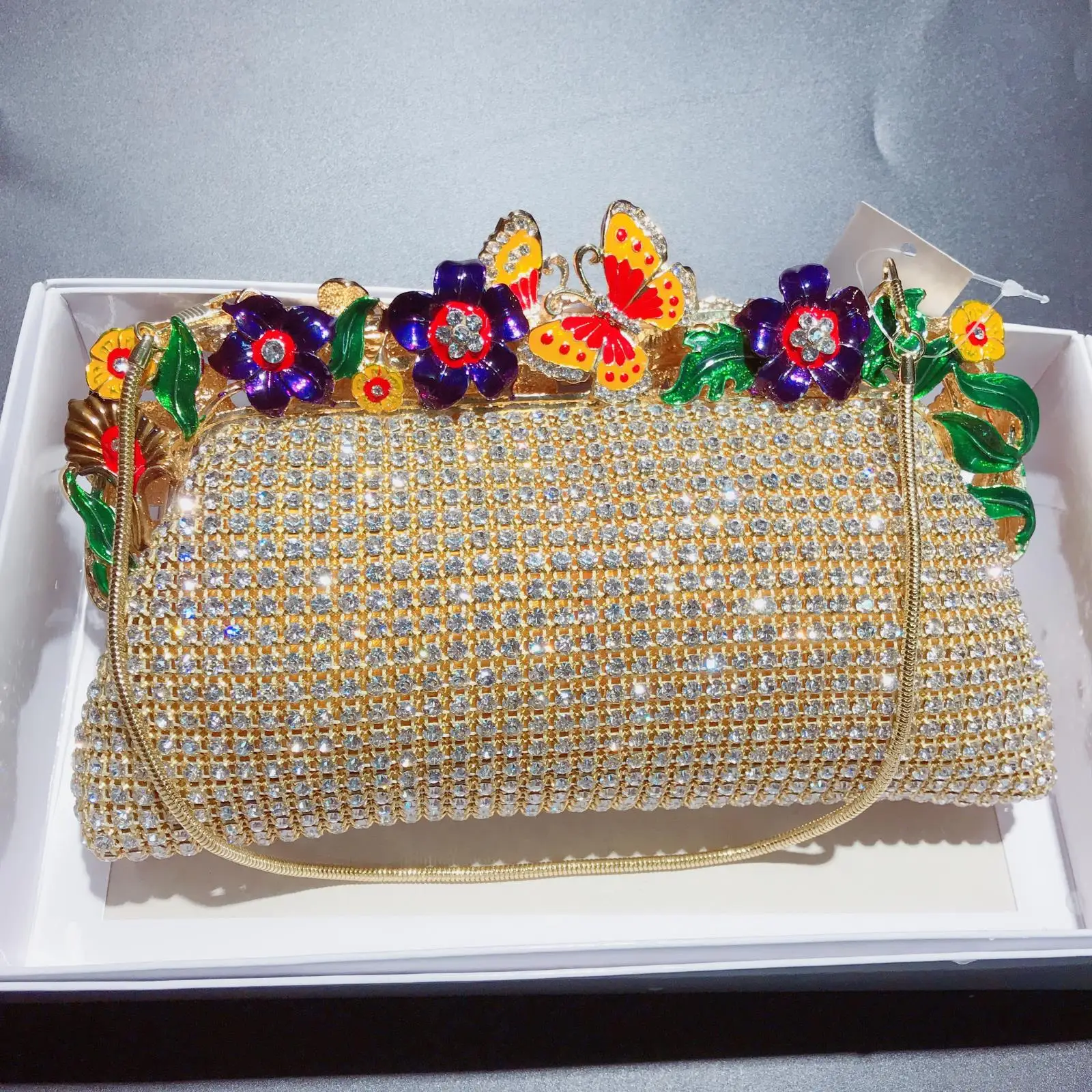 

21.5x10.5CM Evening Clutch Bag Diamond-studded Dinner Bag Golden Bridal Bag Women Clutch Bag a6875