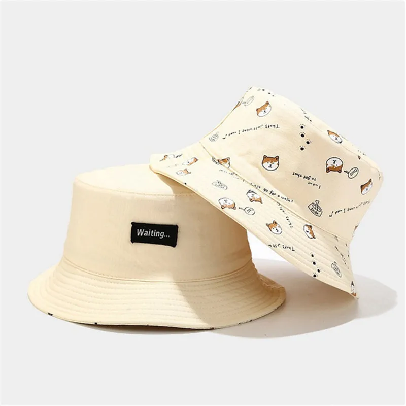 

2021 Four Seasons Cotton Cartoon Dog Print Bucket Hat Fisherman Hat Outdoor Travel Sun Cap for Men and Women 261