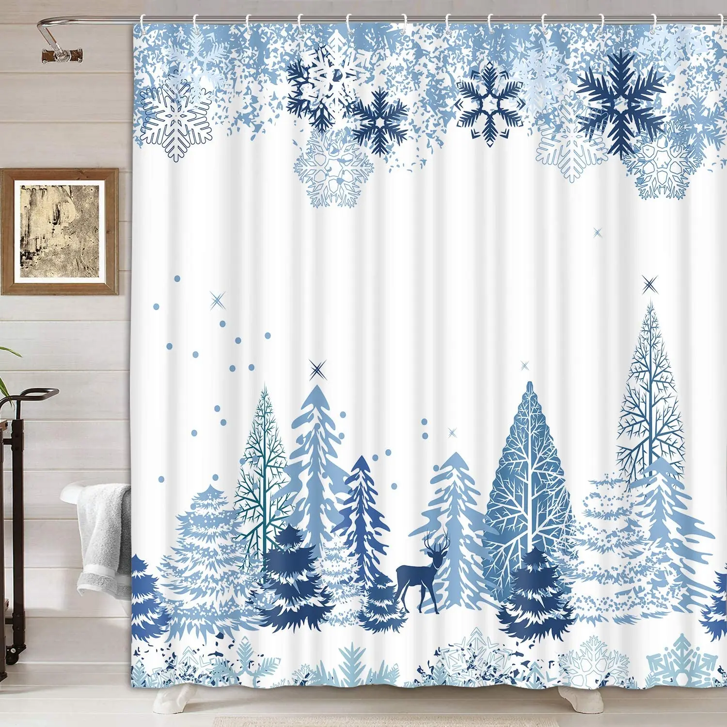 Winter Christmas Blue White Snowflakes Deer Through Forest Trees Shower Curtains Set with Hooks Printed Xmas Home Bathroom Decor