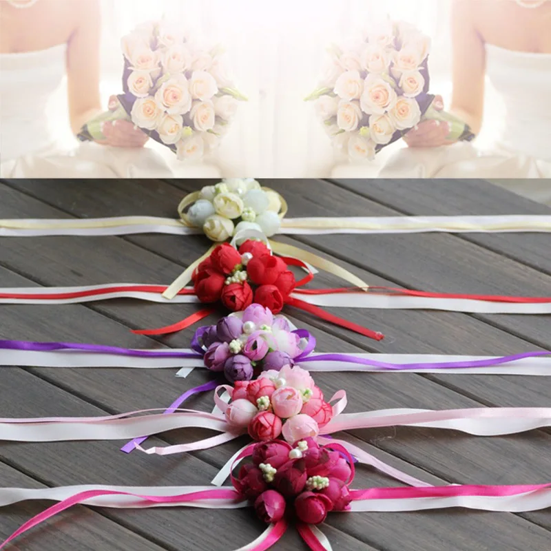 1pcs ประณีตเทียมดอกไม้พรหม Corsage ข้อมือสร้อยข้อมือดอกไม้ตกแต่งเจ้าสาวช่อดอกไม้งานแต่งงานรถ DIY ตกแต่ง