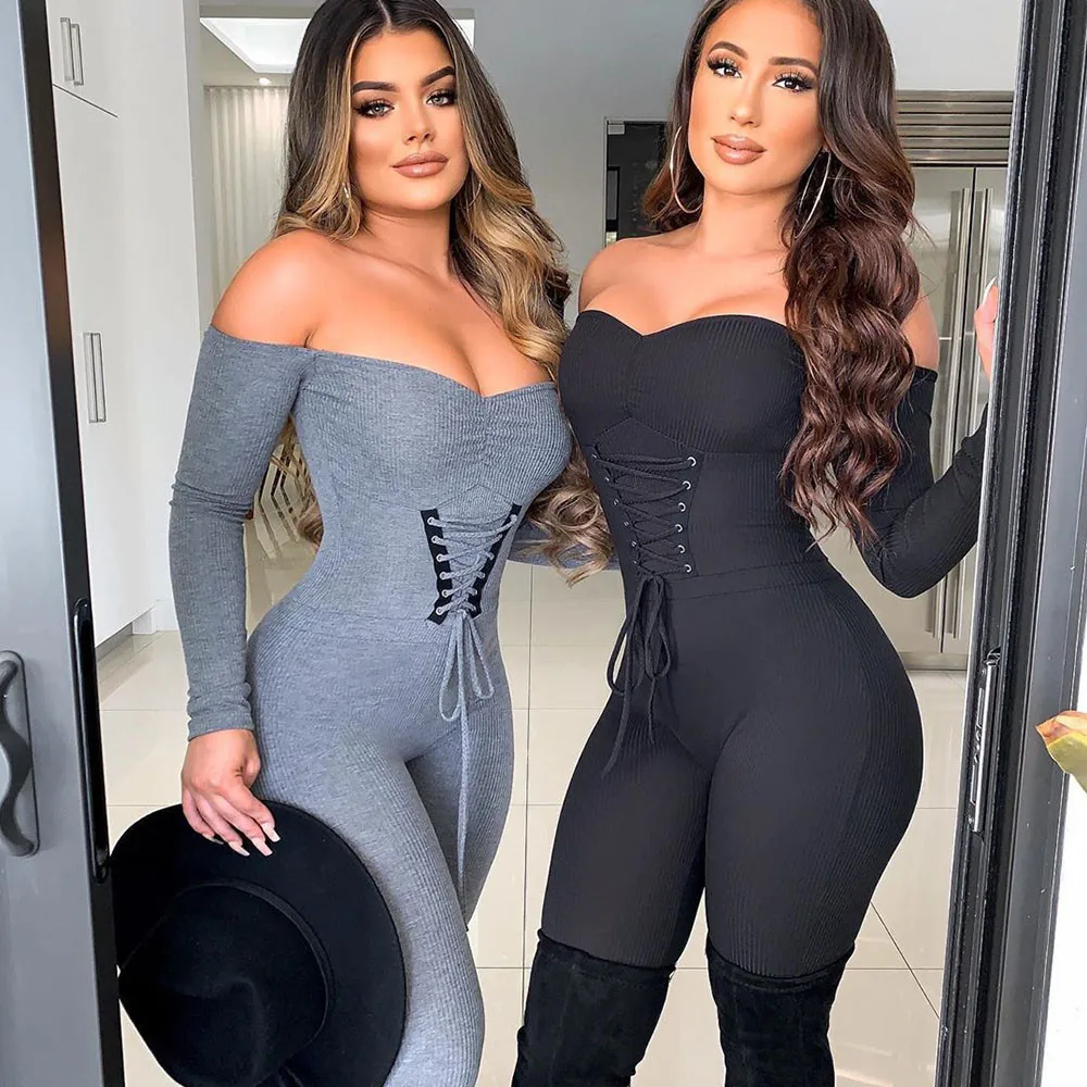 

Sexy Off Shoulder Rompers Womens Jumpsuit Long Sleeve Rib Knit Lace Up Bandage Bodycon Jumpsuit Elegant Party Overalls for Women