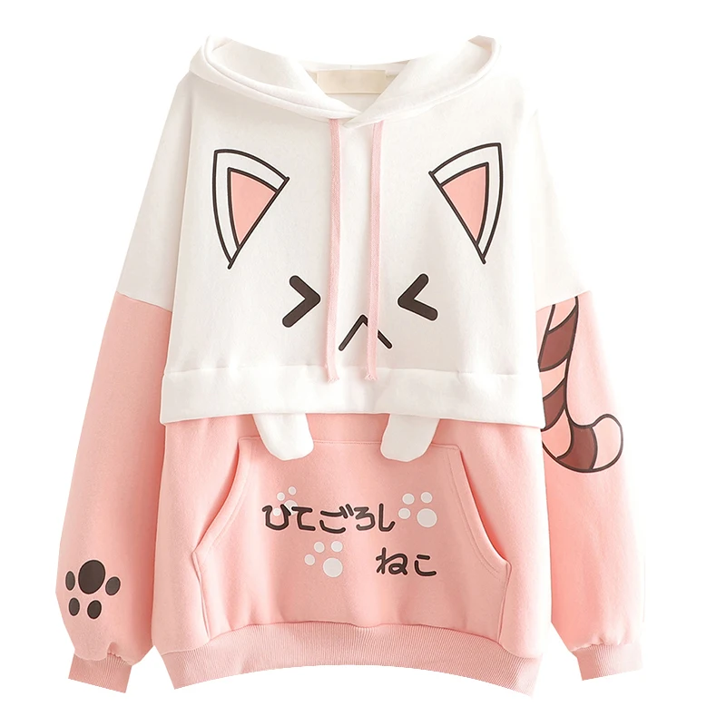 Sudadera con capucha Harajuku Kawaii para mujer, suéter de manga larga con estampado de orejas de gato, Anime divertido, Vintage, 2021