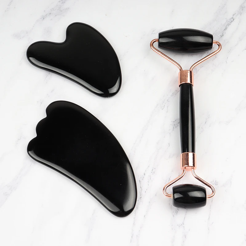 Black Obsidian Face Care Massage Tool Jade Roller Gua Sha Set Natural Crystal Massager Facial Body Neck Skin Beauty Products