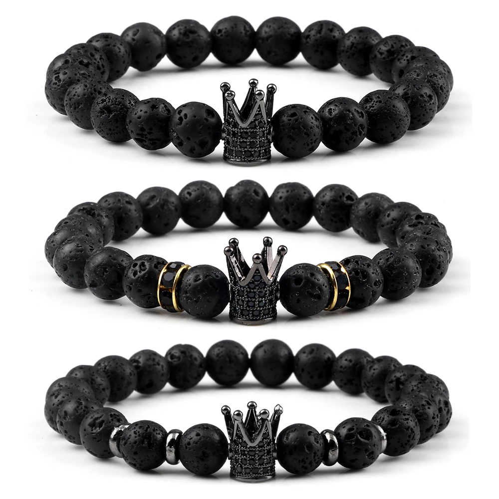 Vintage CZ King Crown Charm Bracelets For Men 8mm Natural Black Lava Stone Beads Stretch Bracelets Fashion Women Healing Jewelry