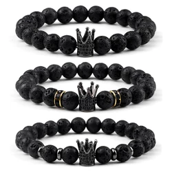 Vintage CZ King Crown Charm Bracelets For Men 8mm Natural Black Lava Stone Beads Stretch Bracelets Fashion Women Healing Jewelry