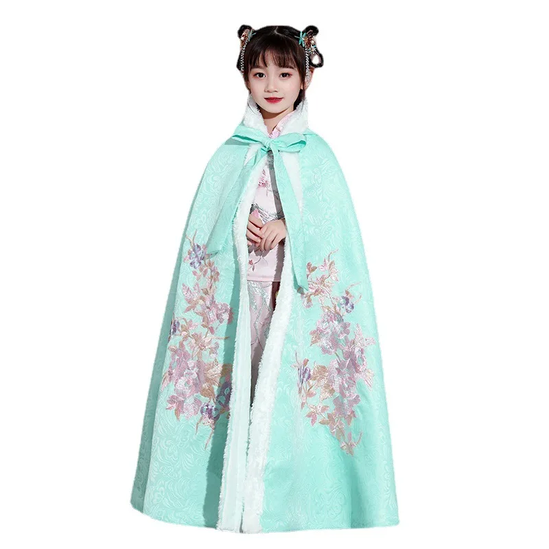 Winter Kids Cotton Chinese Lovely Traditional Ancient Hanfu Cape Children Embroidery Thick And Quilted Hooded Shawl