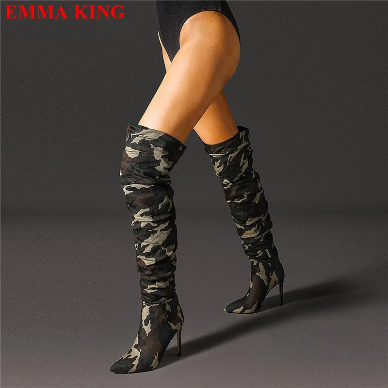 

Womens Camouflage Pointed Toe Overknee Boots Fashion Ladies High Heels Thigh High Boots Side Zippers Stilettos Party Shoes Woman