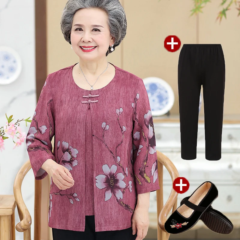 Conjunto de ropa con estampado de 2 piezas para mujer, trajes de talla grande XL-4XL, traje de abuela de mediana edad, Tops y pantalones para mujer 2022