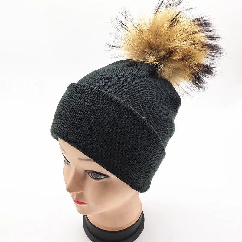 New winter detachable real fur pom pom knitted beanies caps Women solid pompoms skullies hats gorros