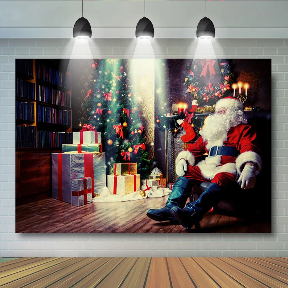 

Christmas Santa claus Wood Floor Background For Photography Trees Gifts Backdrop For Photo Booth Children Backgrounds