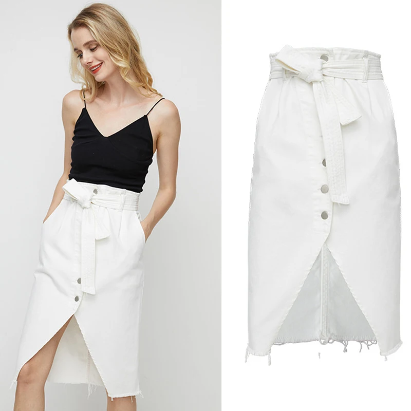 Denim Jeans Skirt Asymmetric Women Elegant Belts Lace Up Single Breasted Wrap Skirts Midi Slit High Waist Summer White Street