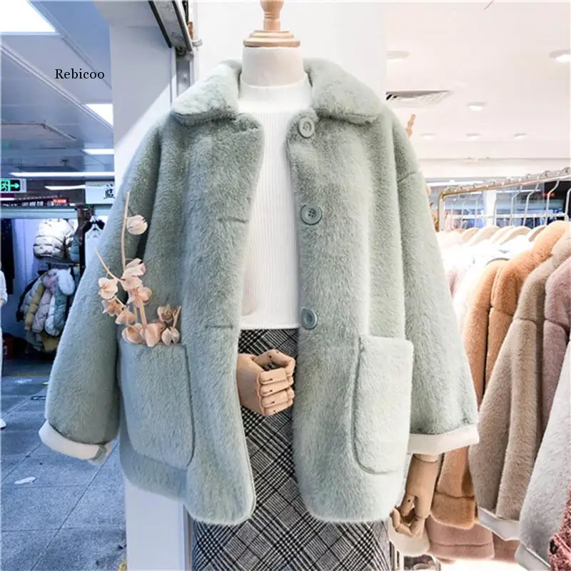 

Winter Women High Quality Faux Mink Fur Coat Luxury Fur Coat Single Breasted OverCoat Thick Warm Chic Female Plush Coats