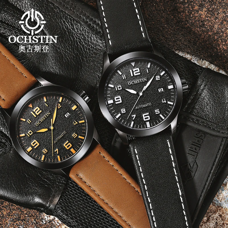 OCHSTIN Automatic Mechanical Watches Men Leather Strap Calendar Mechanical Wristwatches Fashion Business Male Clock Reloj Hombre