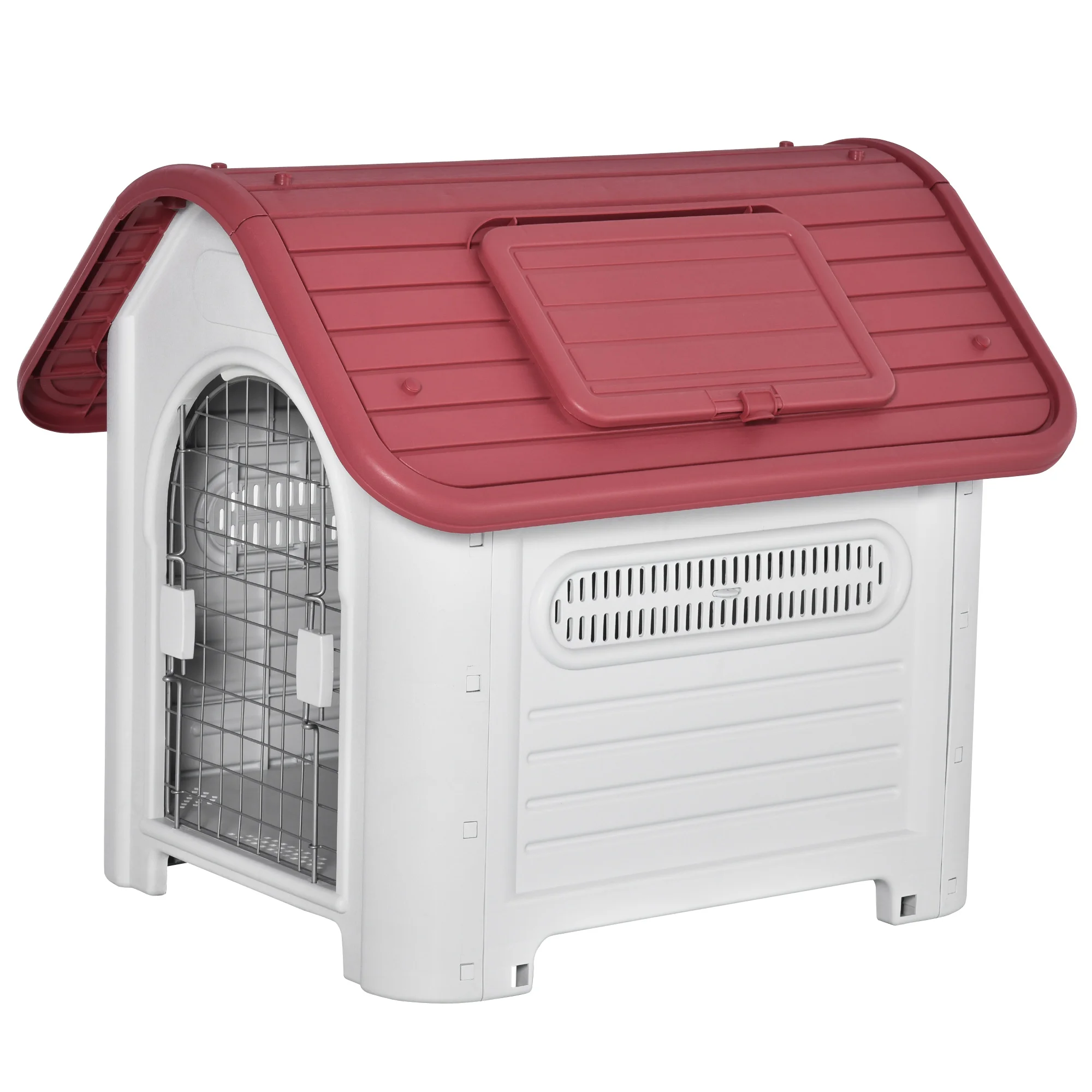 PawHut doghouse removable door raised Base 3 vents and window open inner Exterior 72x87x75 cm gray red