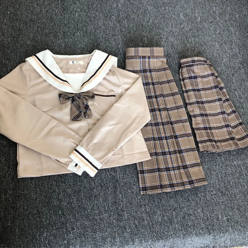 School Dresses Japanese College Middle School Uniform For Girls Jk Uniforms Lady Sailor Suit Tea Brown Color Plaid Pleated Skirt