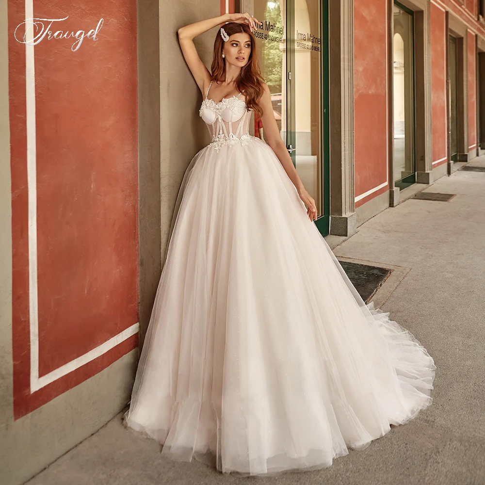 Traugel Sexy Backless Sweetheart Lace A Line Wedding Dresses Glitter Spaghetti Strap Appliques Beaded Sweep Train Wedding Gown