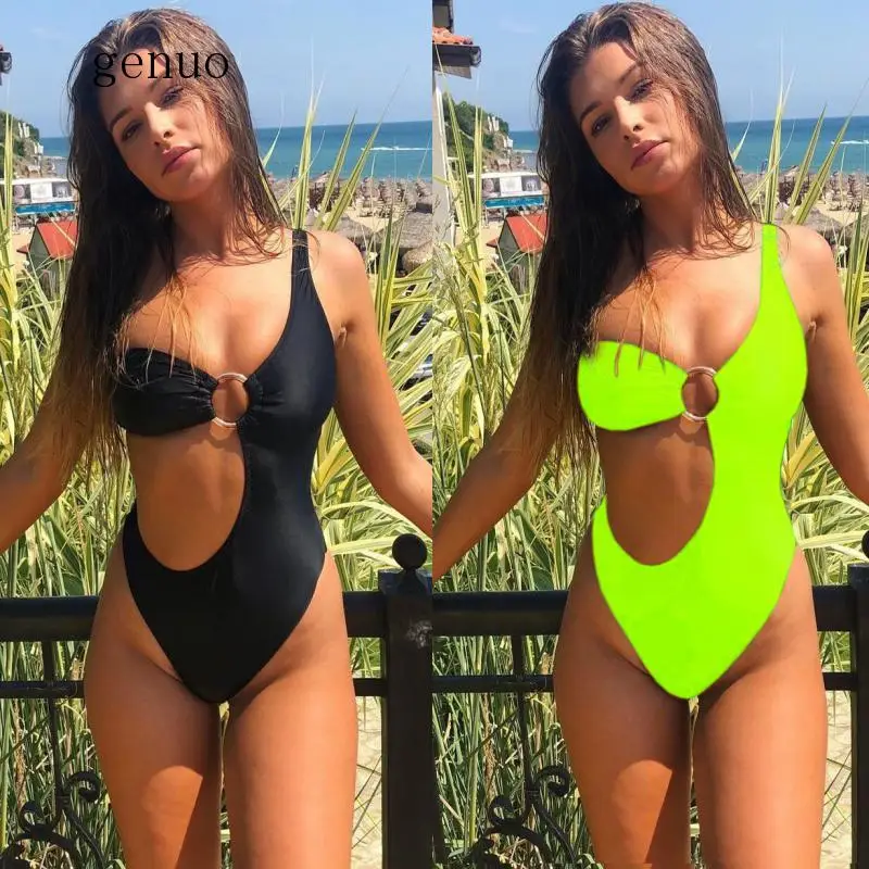 

Women Sexy One Shoulder Swimwear One Piece Swimsuit Fashion Design Sexy Irregular Ring Bikini Pure Colour Bathing Suits