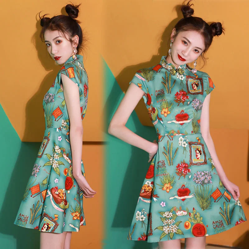 Summer Modern Slim Qipao A-line Chinese Dress Women Hanfu Ethnic Style Vintage Traditional Female Improve Printing Cheongsam New