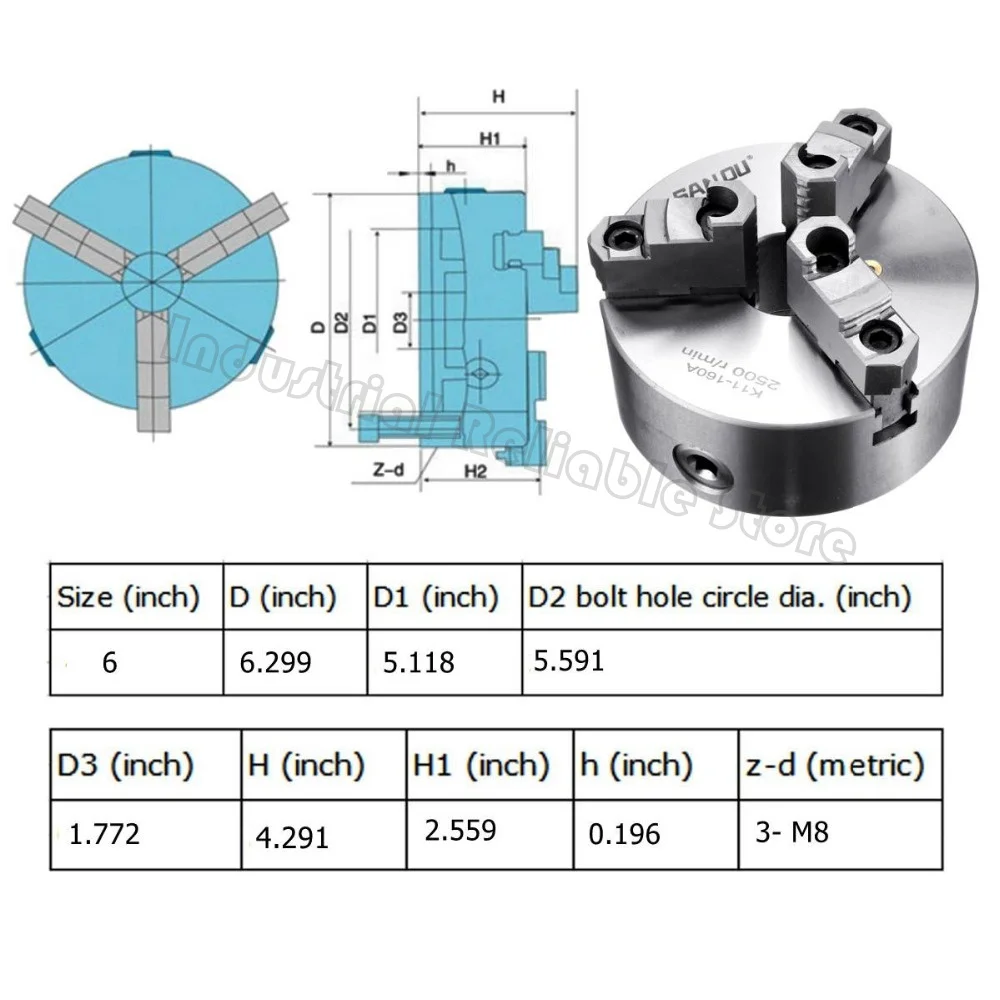 Sanou brand K11-160A 3 Jaws Lathe Chuck Collet Lathe Chuck Self Centering 160mm 6 Inch Manual Chuck