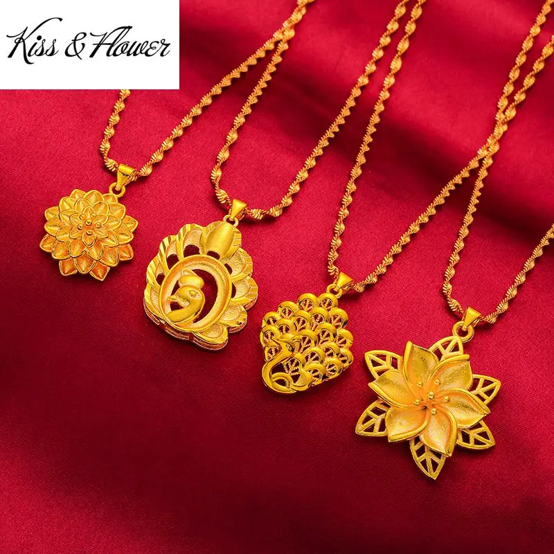 KISS&FLOWER Gold Vintage Flower Pendant Necklace For Woman Birthday Wedding Party Bride Mother Girlfriend Ladies Gifts NK143