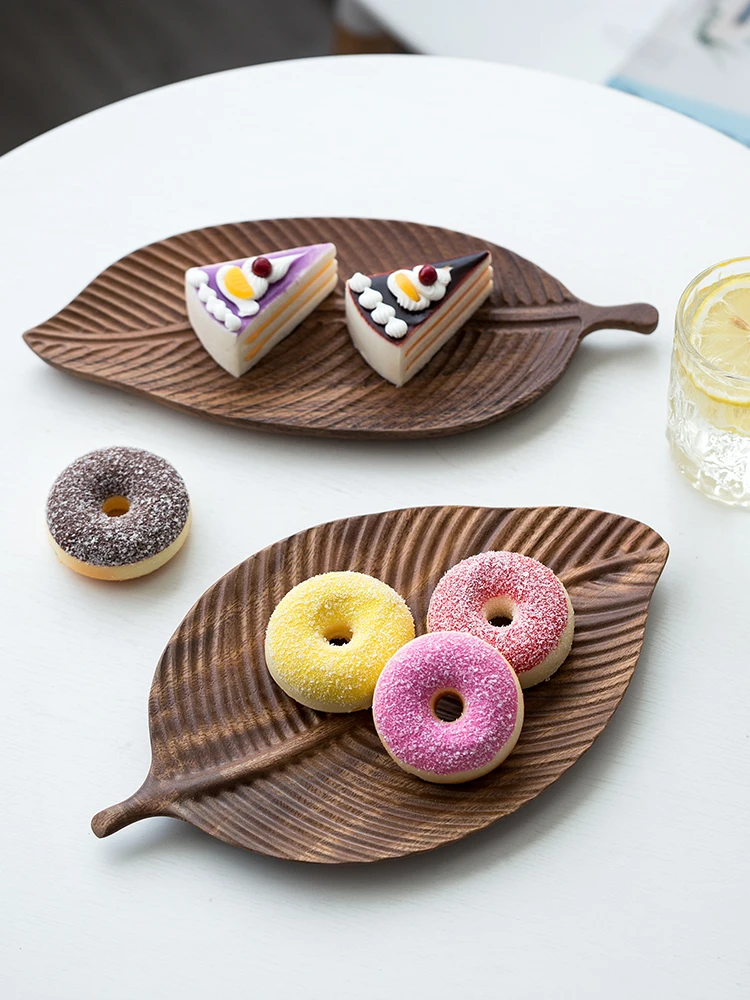 

Natural Black Walnut Desserts Plate, Creative Leaf Shape Fruit Plate, Multi-Function Eco Wood Storage Trays, Tea Tray