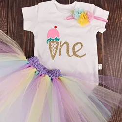 Baby Girl Ice Cream Birthday Tutu outfit Rainbow 1st Birthday Party costume Toddler Photo Props Cake Smash 2 year old Outfit