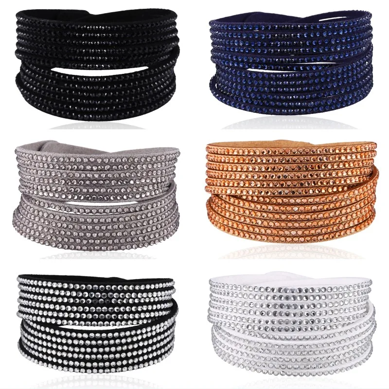 Shiny Women Unisex 12 Layers Multilayer Leather Rhinestone Crystal Bracelet Buttons White/Black /Blue Bracelets 17 colors