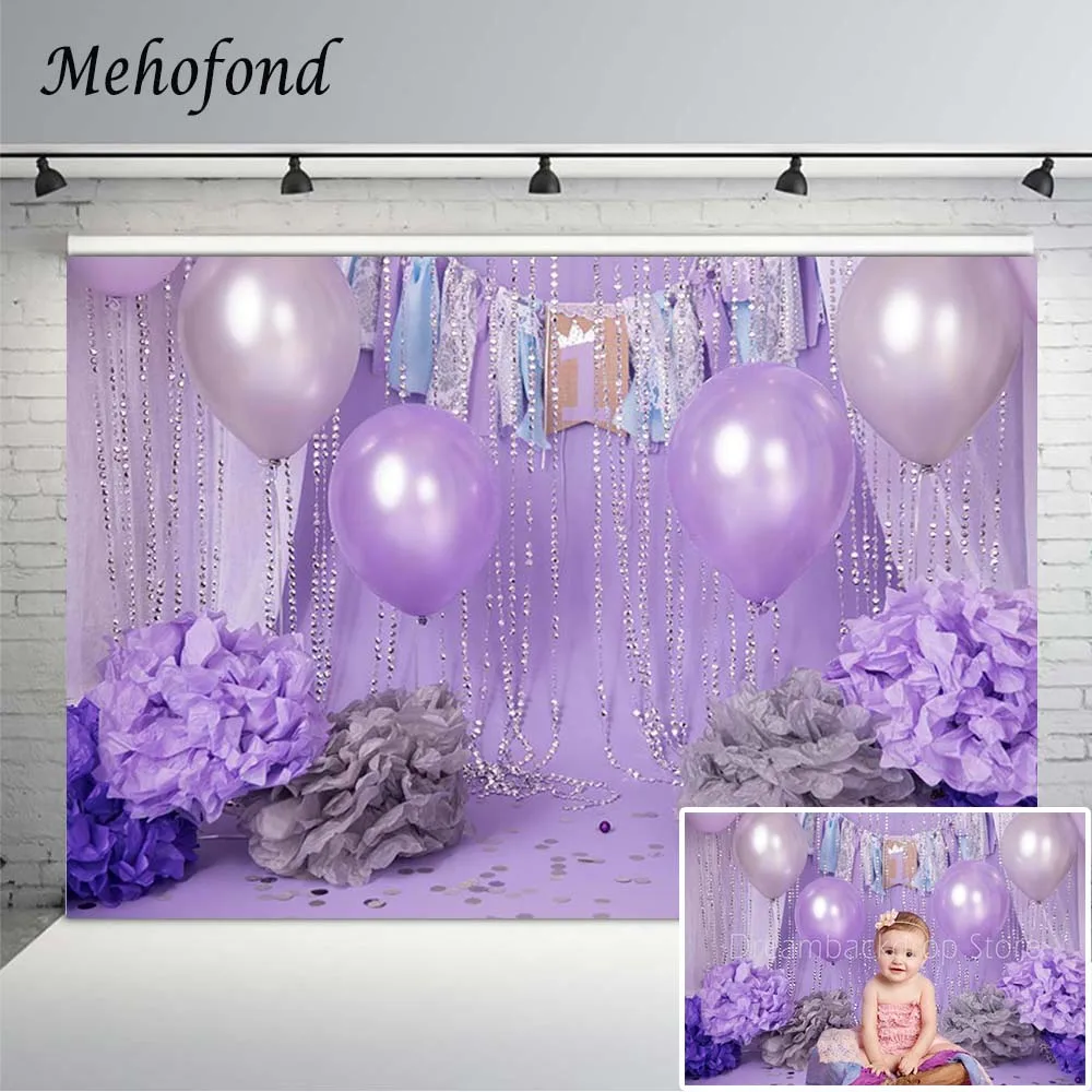 

Mehofond 1st Birthday Photography Background Purple Glitter Balloons Flower Sequins Curtain Newborn Backdrop Photocall Studio