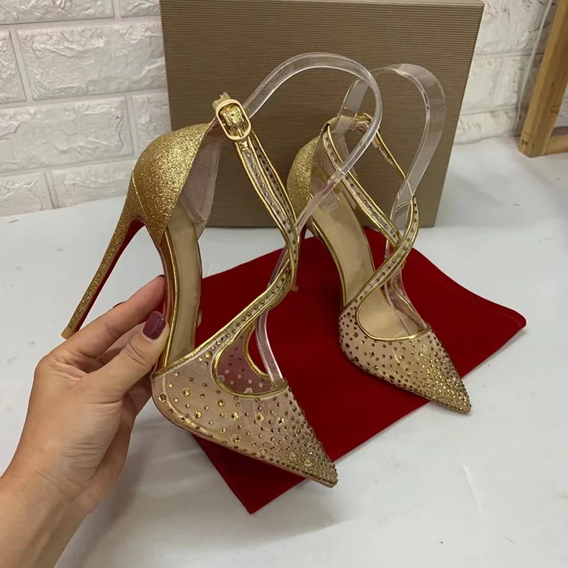 Customize Color Size 34-45 X-Cross Crystal Air Mesh Fabric Covered High Heels Women Sandals Shoes